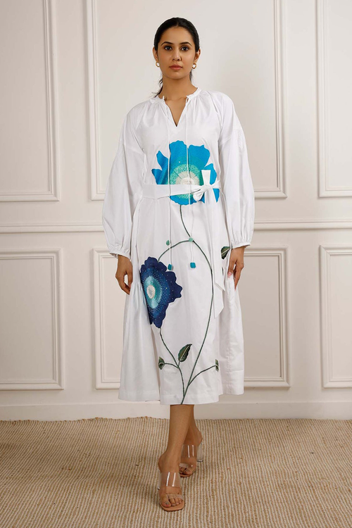 Blue Floral A-Line Long Dress