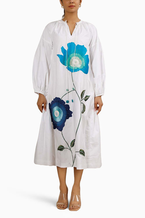 Blue Floral A-Line Long Dress