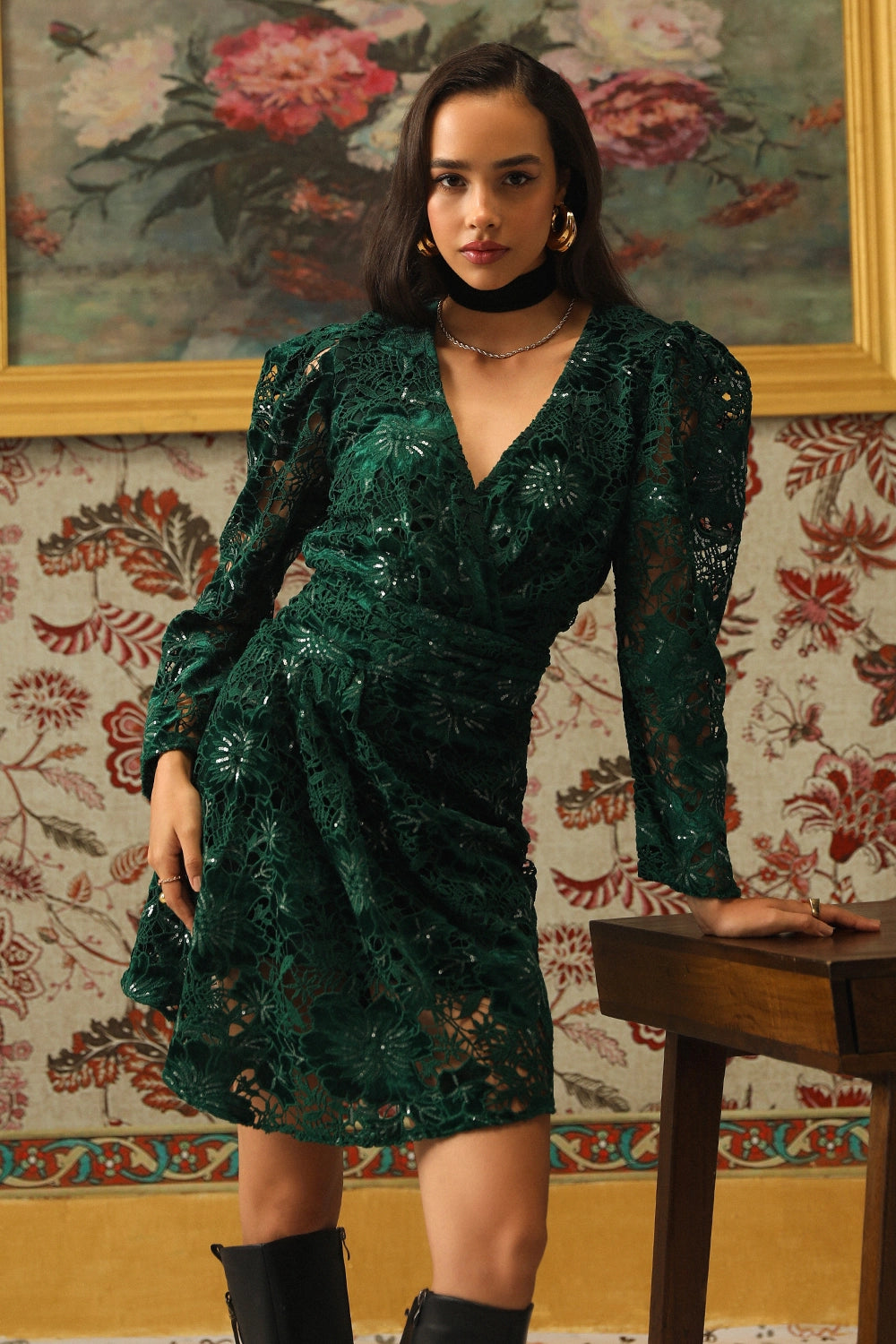 Emerald Green Glimmering Cutwork Applique Dress