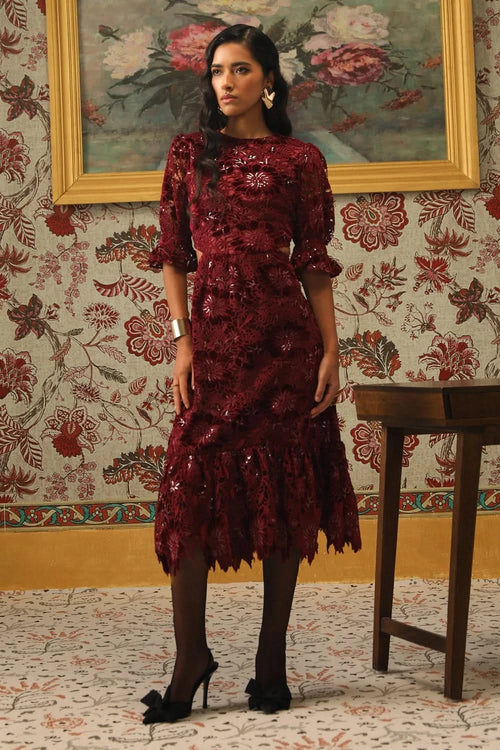 Burgundy Glimmering Cutwork Applique Midi Dress