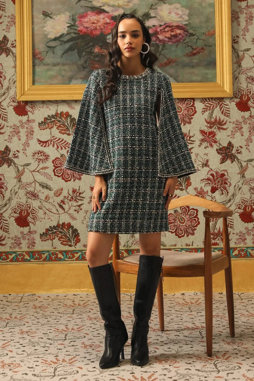 Plaid Metallic Plaid Tweed Dress