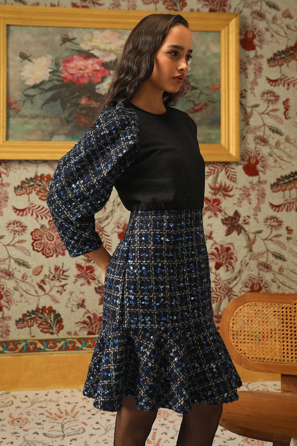 Blue And Black Metallic Tweed Dress