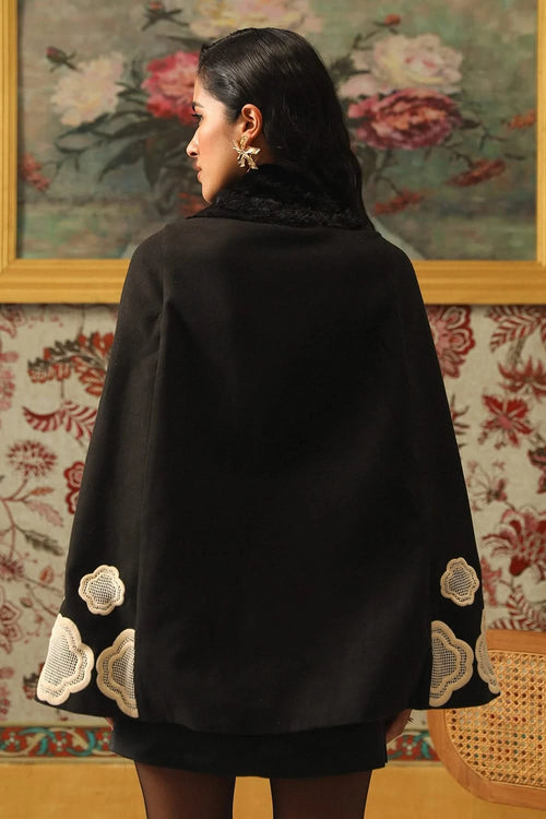Black Boho Exclusive Honeycomb Embroidered Cape Coat