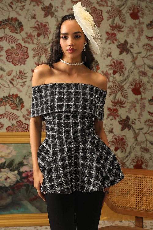 Plaid Off The Shoulder Metallic Tweed Blouse