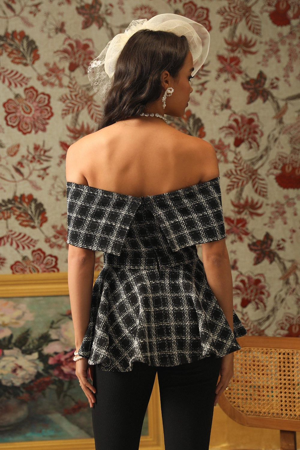 Plaid Off The Shoulder Metallic Tweed Blouse