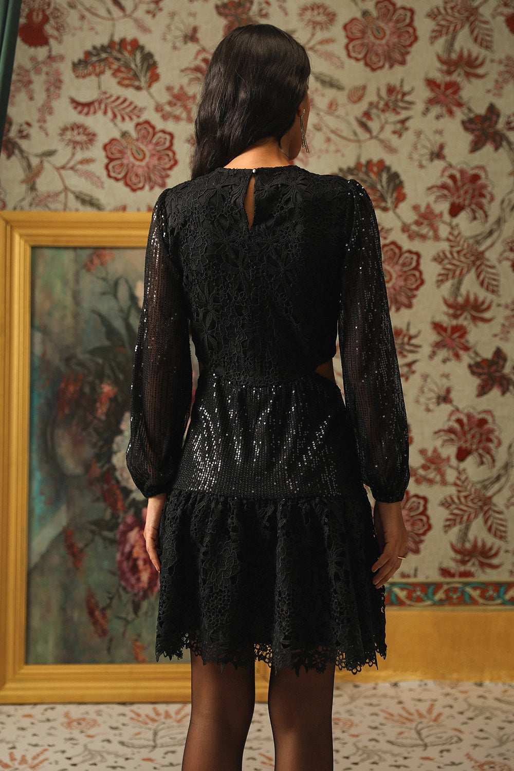 Black Mix And Match Sequin And Lace Dress