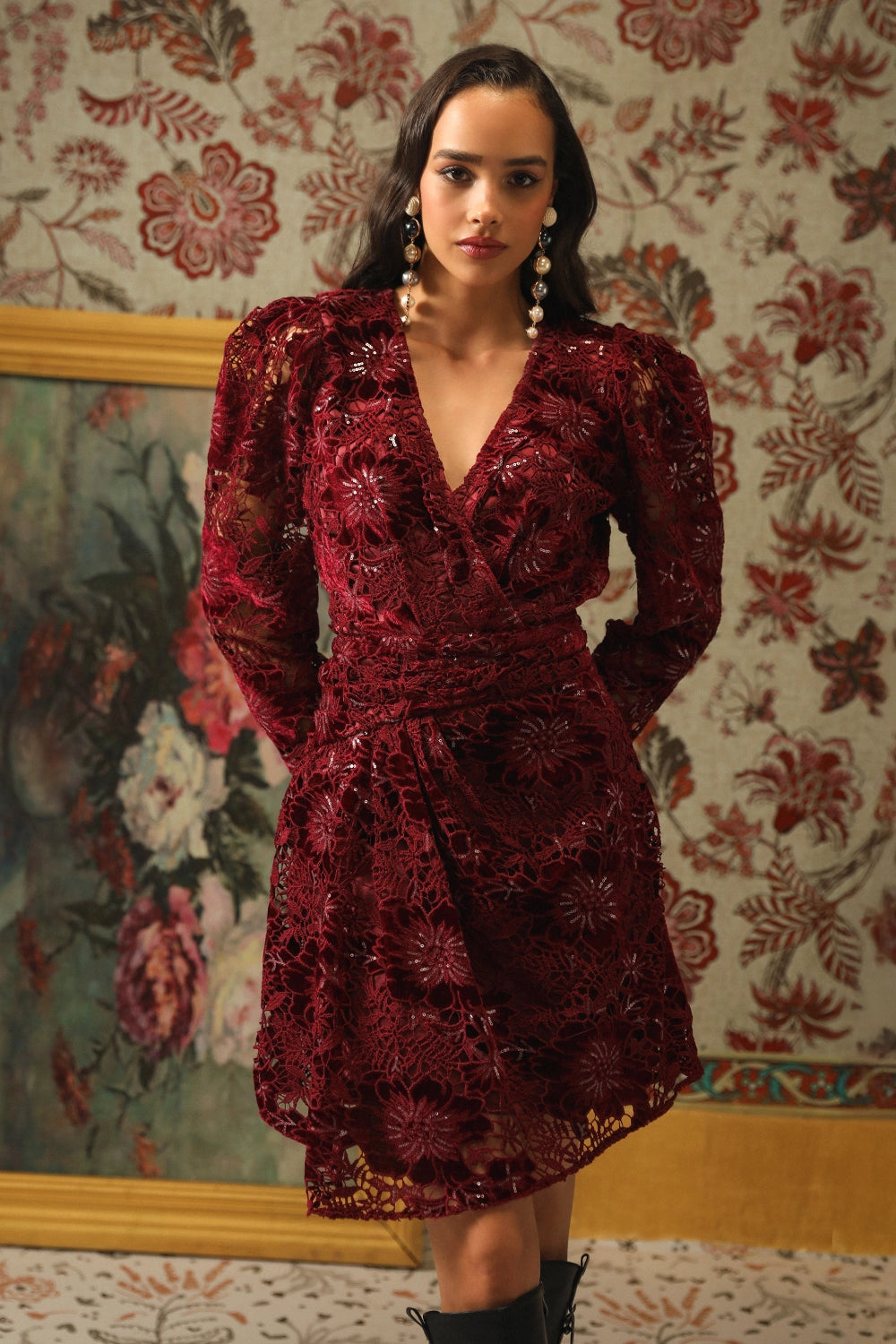 Burgundy Glimmering Cutwork Applique Dress