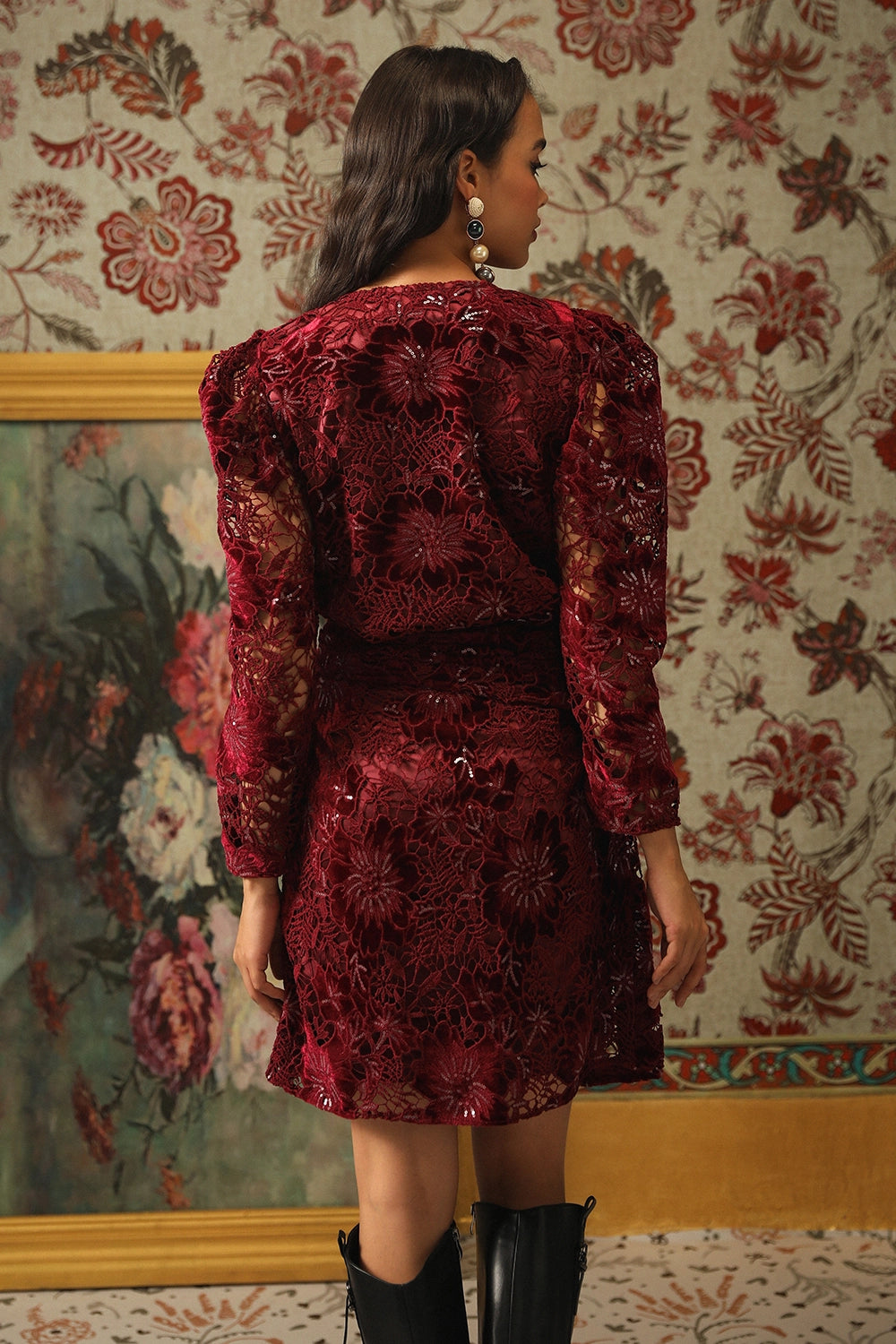 Burgundy Glimmering Cutwork Applique Dress