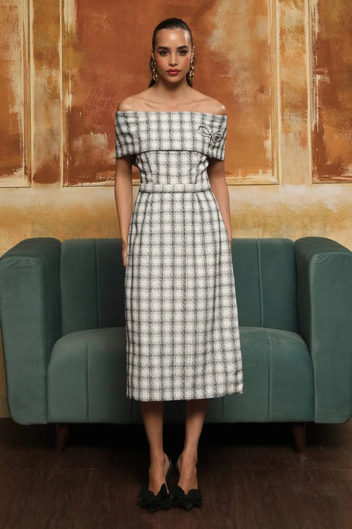Plaid  Off-Shoulder Tweed Midi Dress
