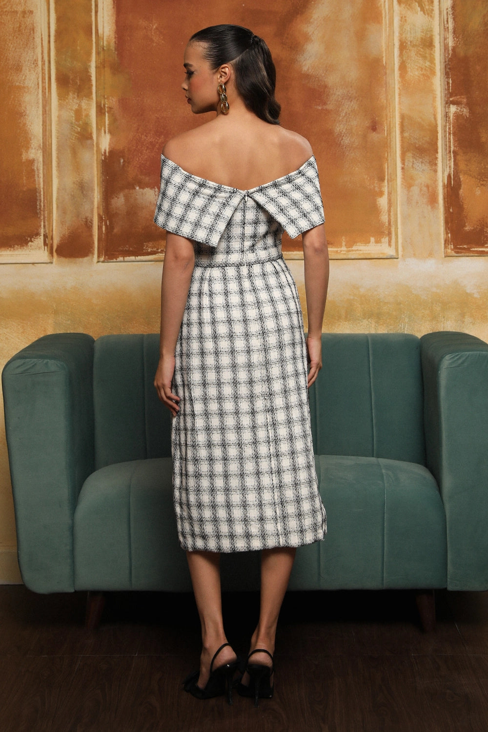 Plaid  Off-Shoulder Tweed Midi Dress