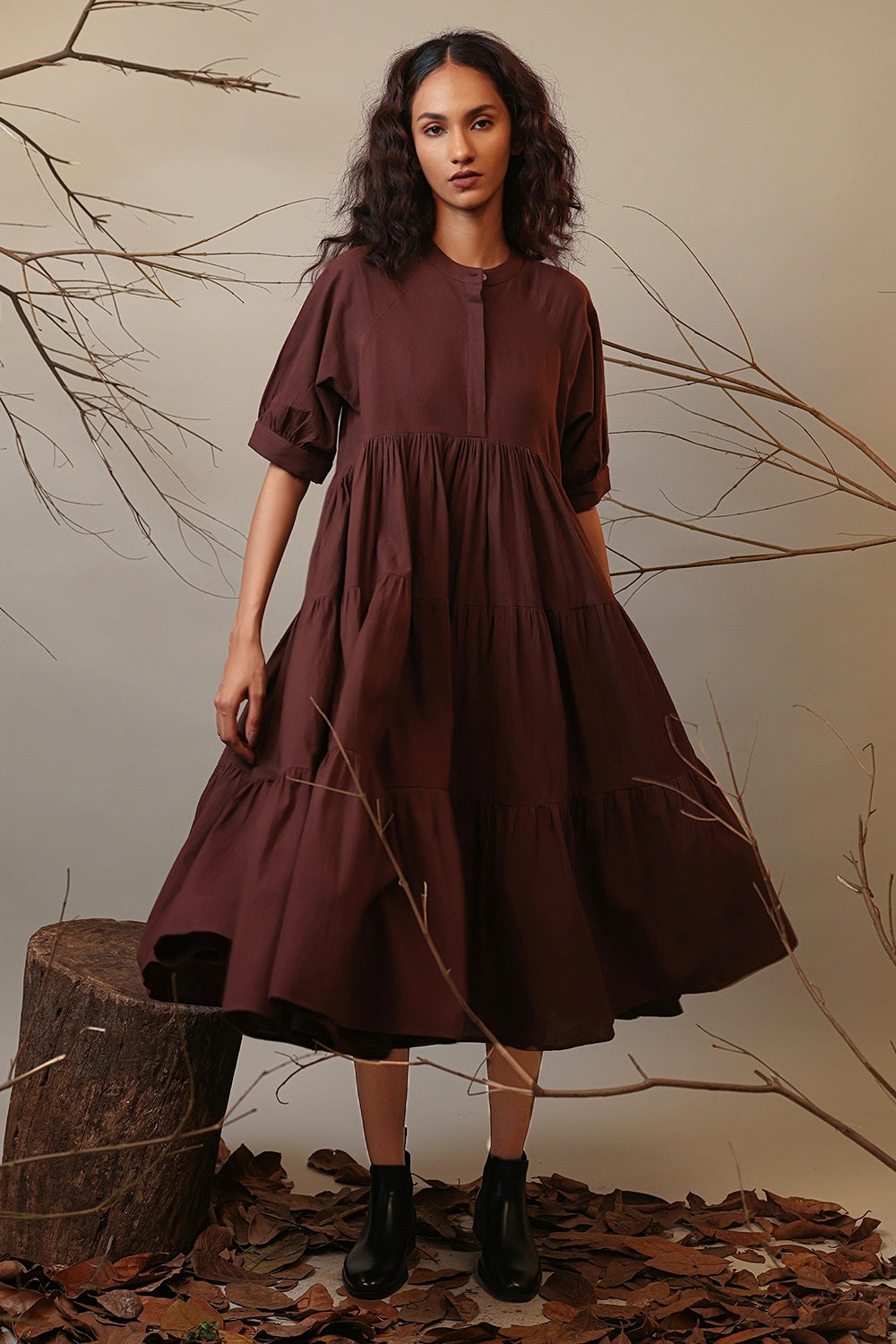 Brown Raglan Tiered Dress