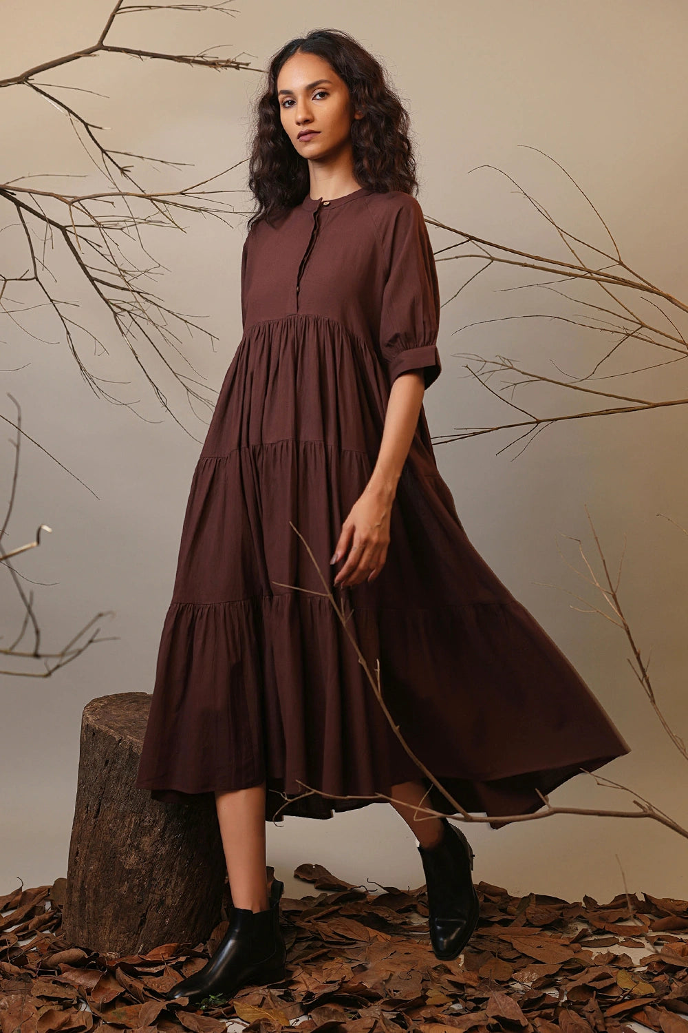 Brown Raglan Tiered Dress