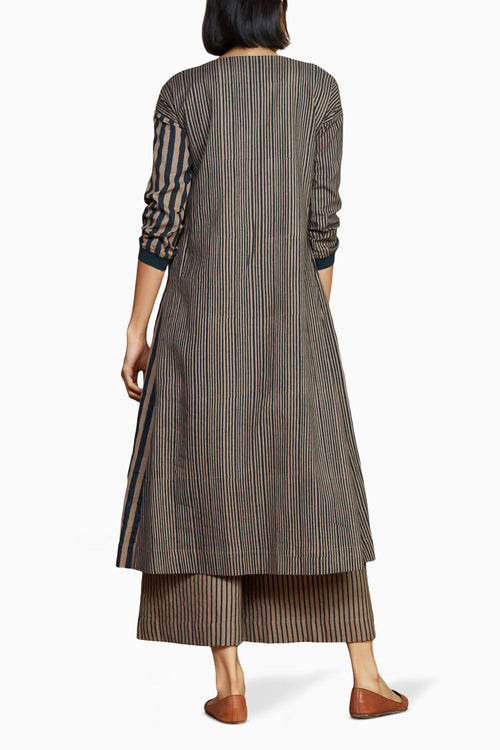 Brown with Charcoal Striped Pleated Dress