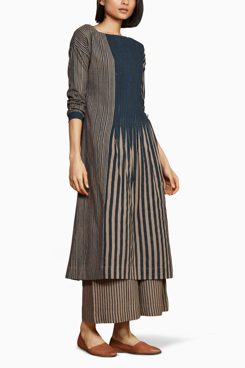 Brown with Charcoal Striped Pleated Dress