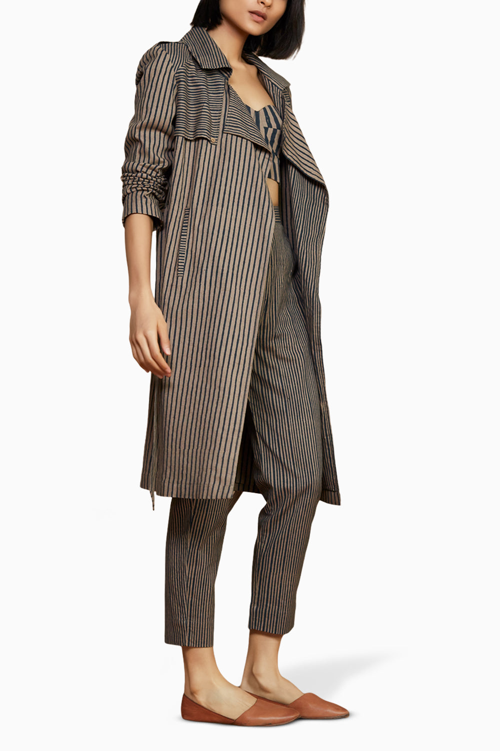 Brown with Charcoal Striped Trench and Corset Co-ord Set