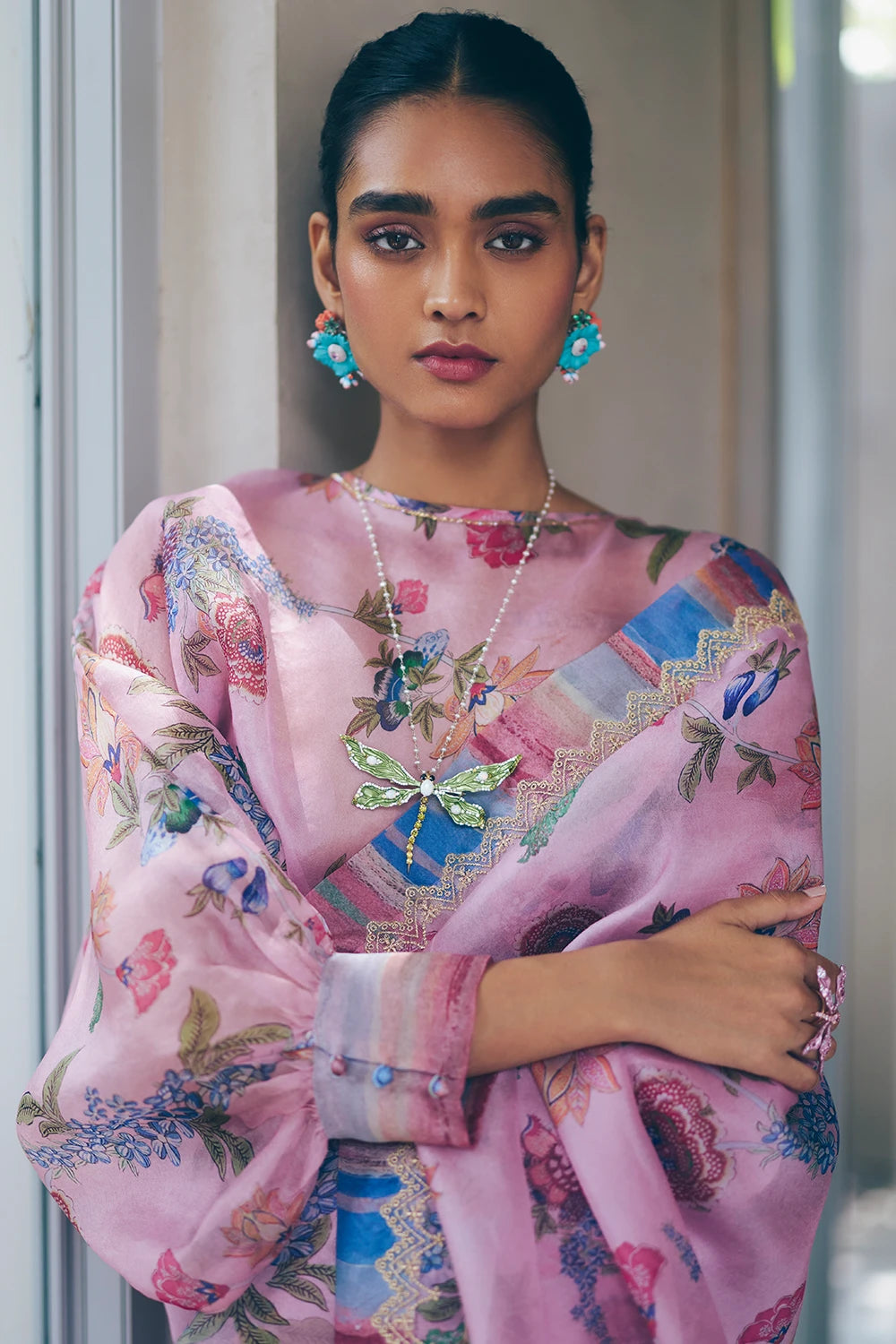 Pink Print Yasmin Saree with Maria Top