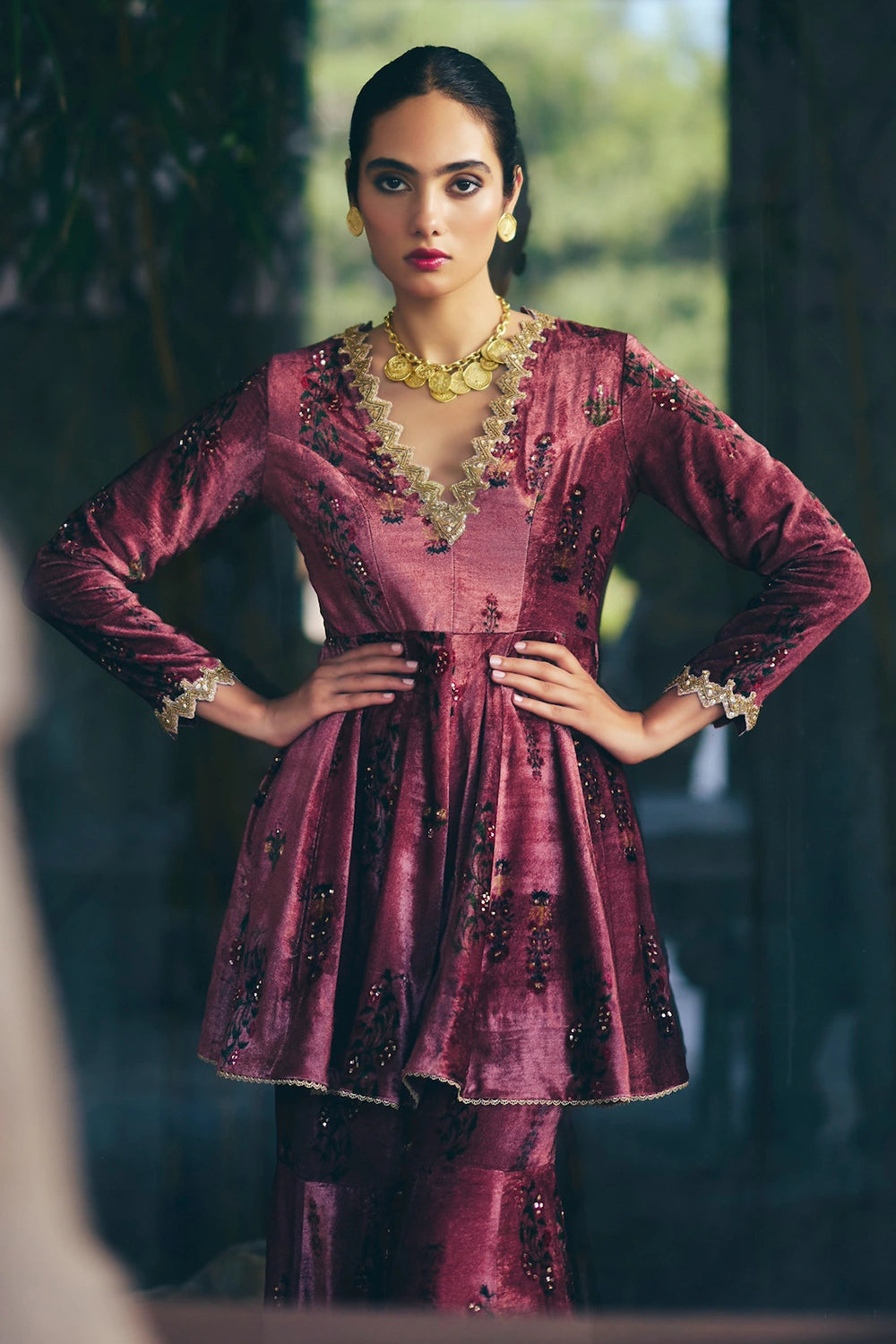 Wine Araya Velvet Kurta Set