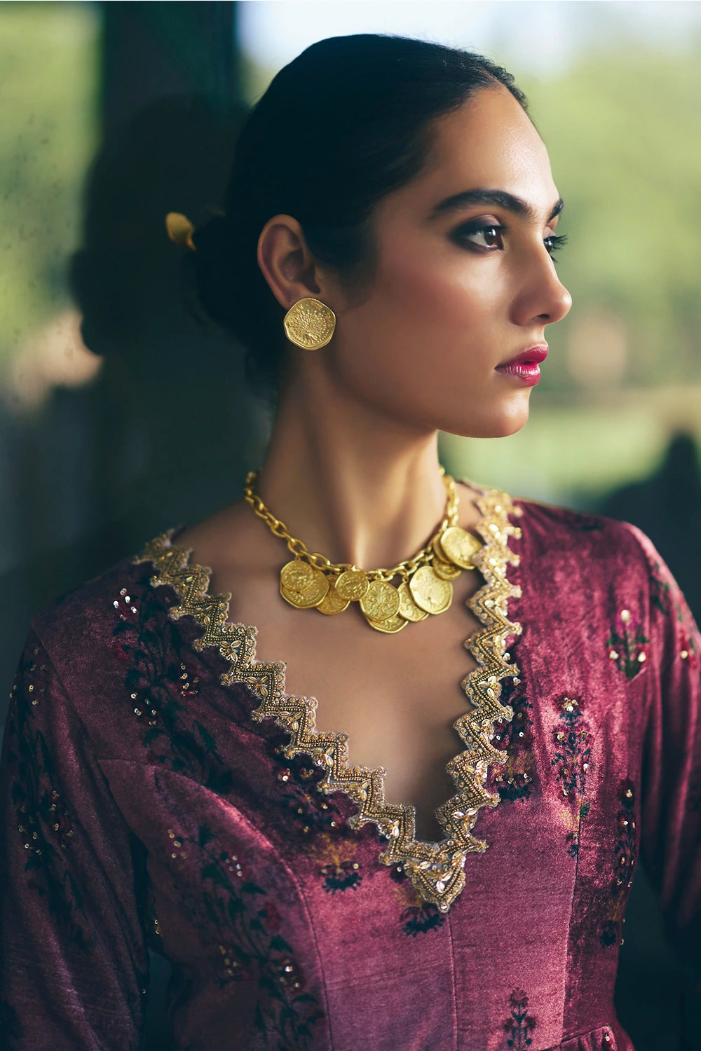 Wine Araya Velvet Kurta Set