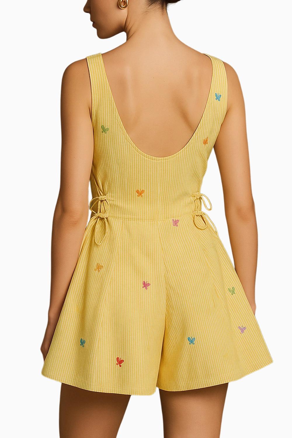 Butter Yellow Butterfly Embroidered Flared Romper