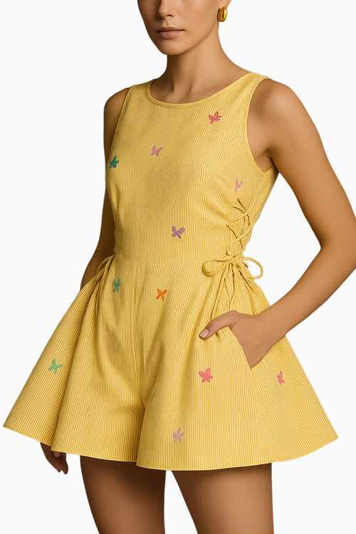 Butter Yellow Butterfly Embroidered Flared Romper
