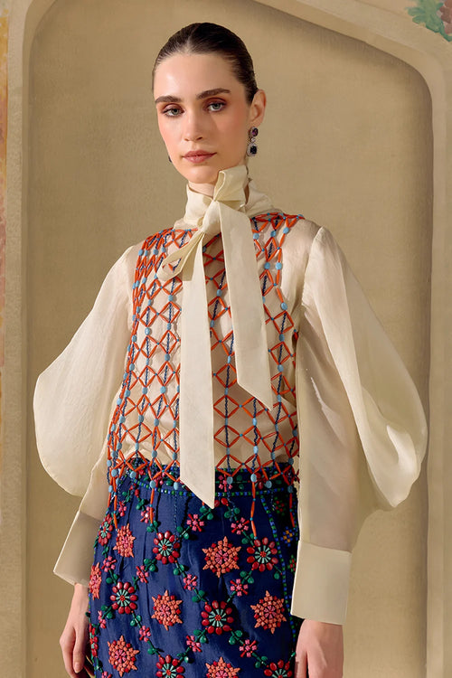 Ivory Tieup Detail Shirt With Overlay And Skirt Set