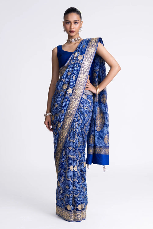 Blue Banarasi Bandhani Saree with Embroidery