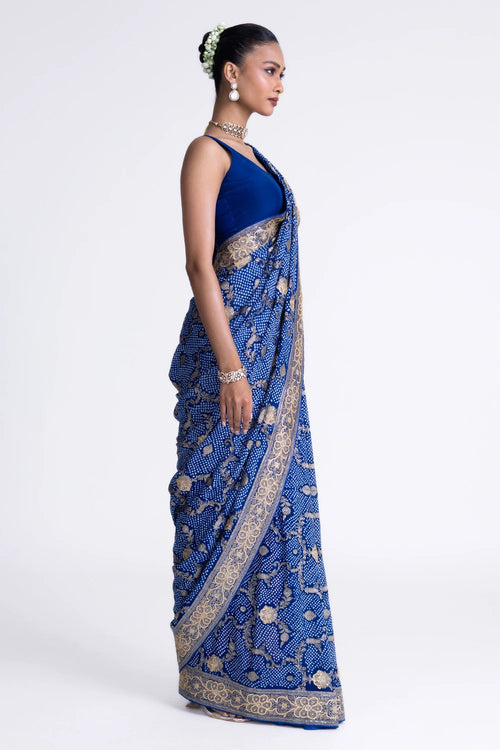 Blue Banarasi Bandhani Saree with Embroidery