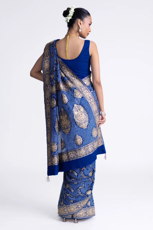 Blue Banarasi Bandhani Saree with Embroidery