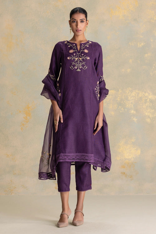 Candlelit Blooms Aubergine Fly Free Tunic, Pant And Dupatta Set