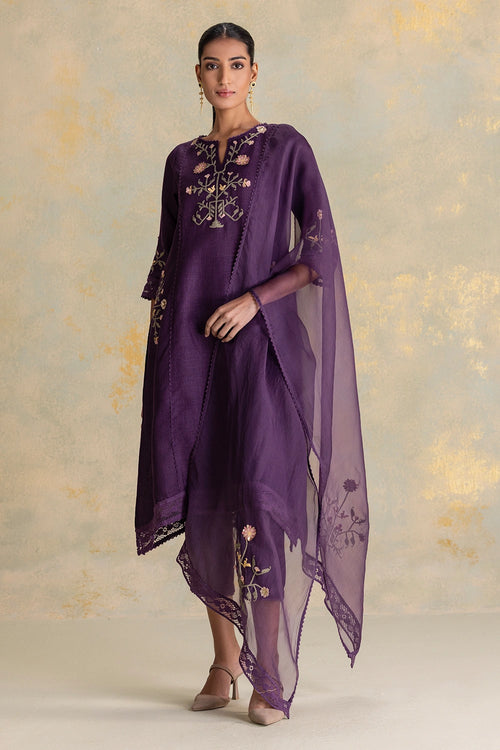 Candlelit Blooms Aubergine Fly Free Tunic, Pant And Dupatta Set
