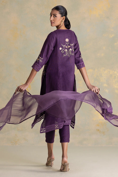 Candlelit Blooms Aubergine Fly Free Tunic, Pant And Dupatta Set