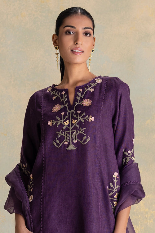 Candlelit Blooms Aubergine Fly Free Tunic, Pant And Dupatta Set