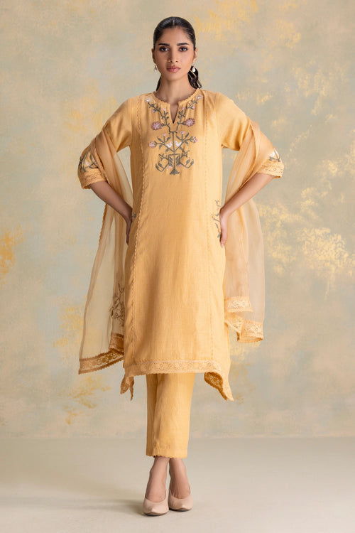 Candlelit Blooms Cashew Fly Free Tunic, Pant And Dupatta Set