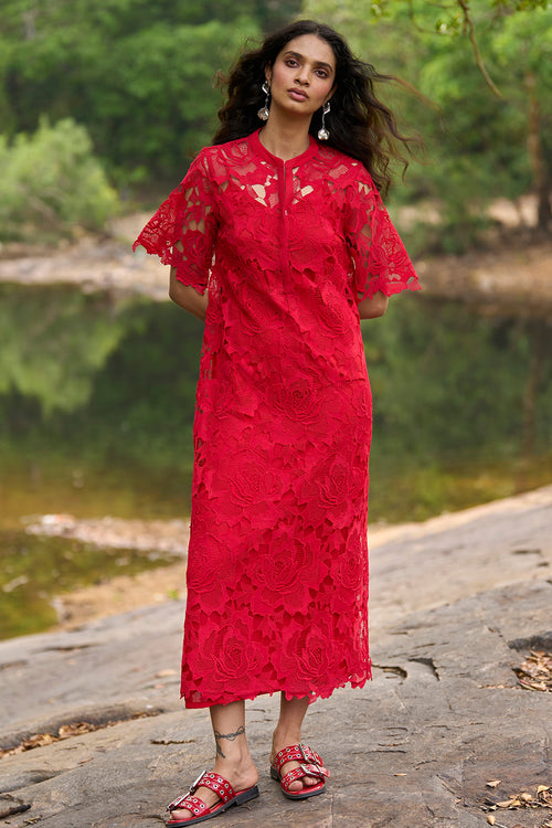 Red Lace Midi Dress