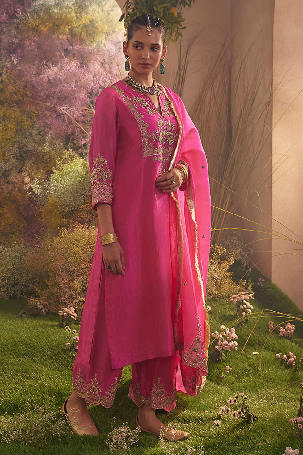 Hot Pink Organza Kurta Set