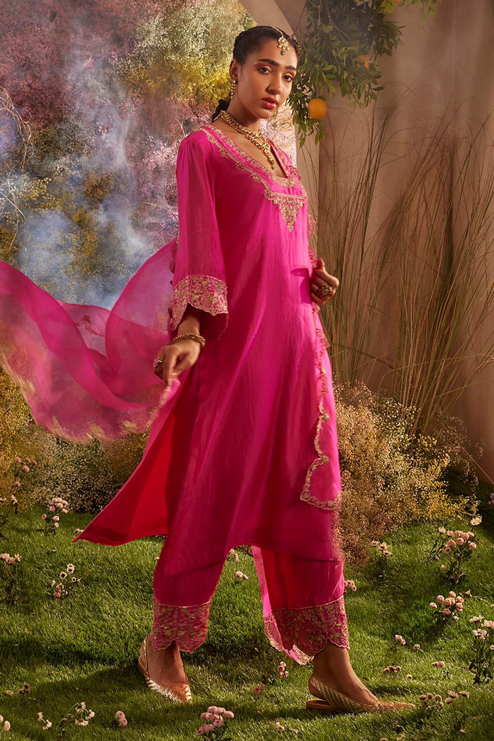 Hot Pink Silk Organza Kurta Set