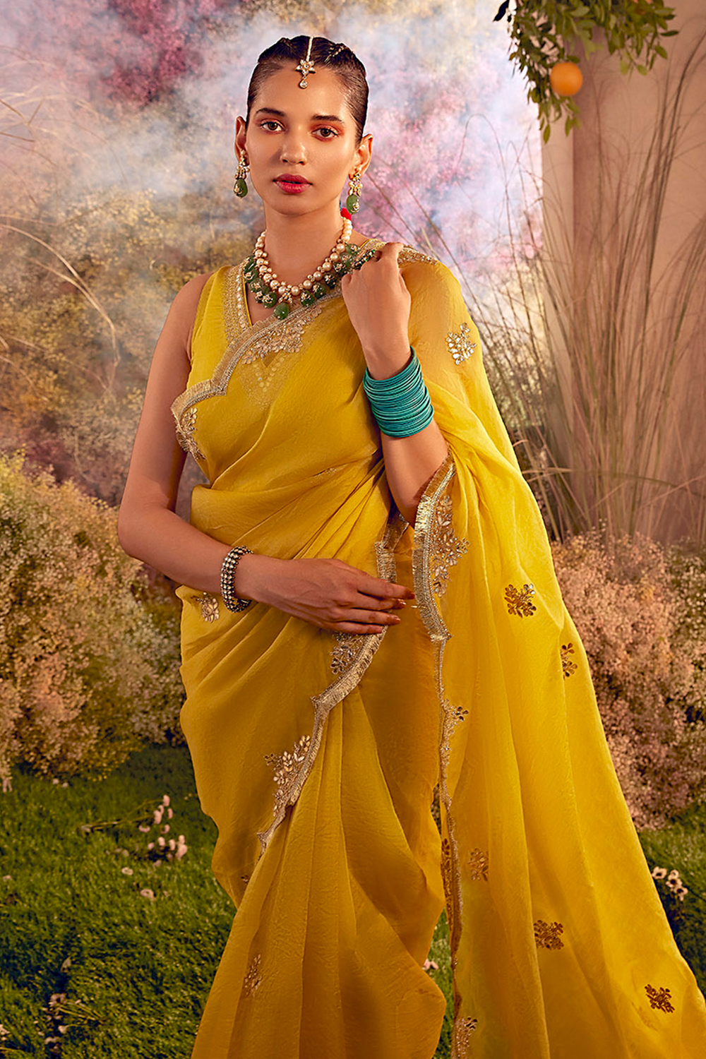 Hand Embroidered Mustard Organza Saree