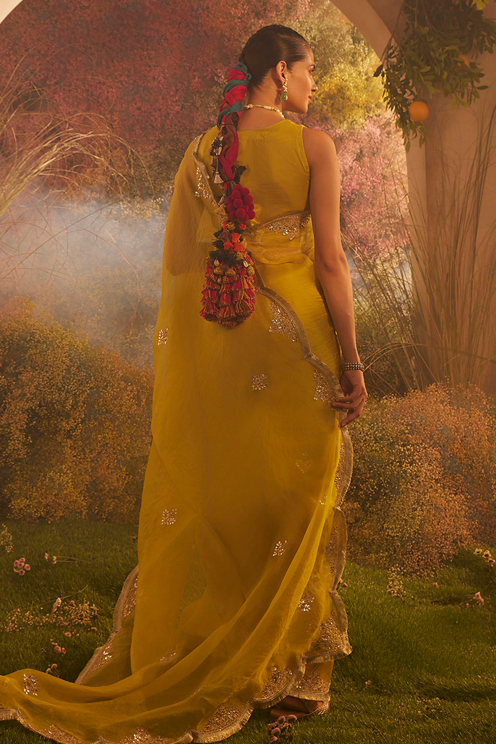 Hand Embroidered Mustard Organza Saree