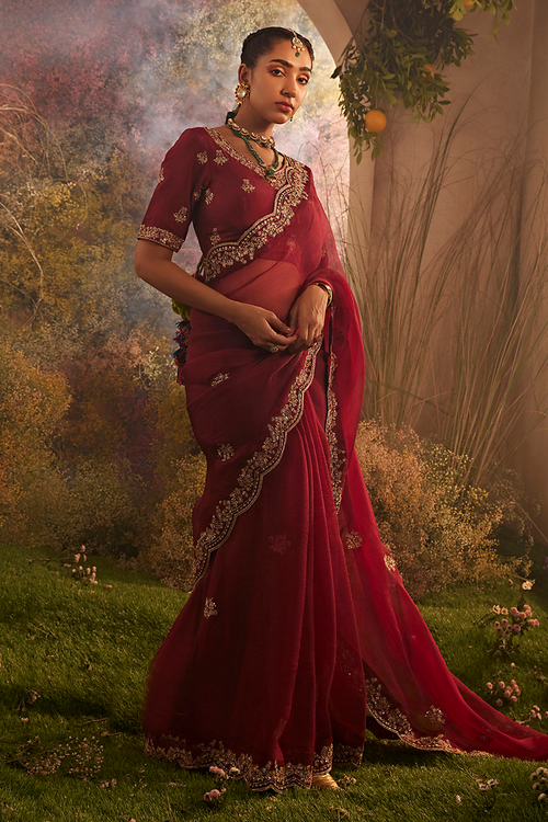 Hand Embroidered Maroon Organza Saree