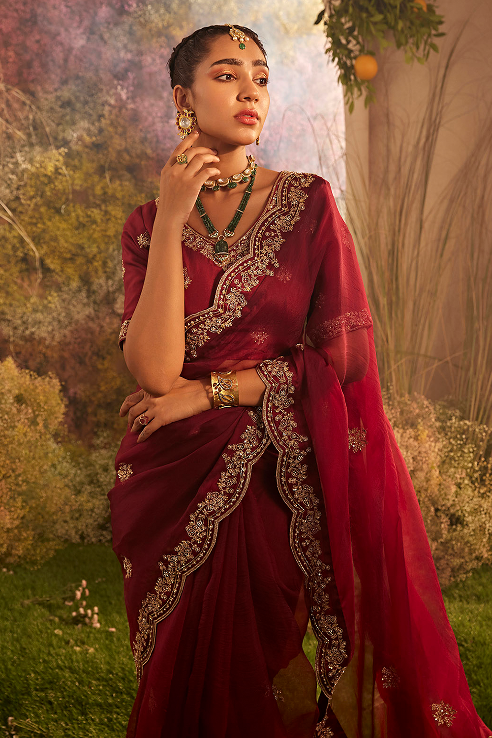 Hand Embroidered Maroon Organza Saree