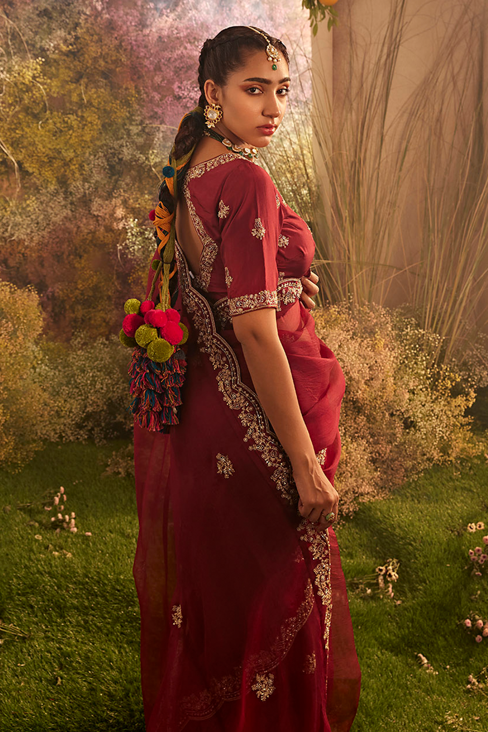 Hand Embroidered Maroon Organza Saree