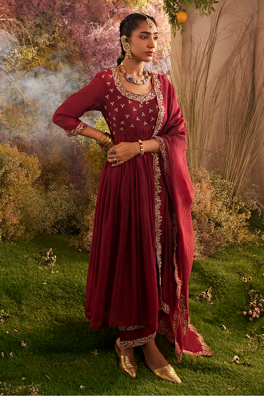 Soft Chanderi Maroon Kurta Set