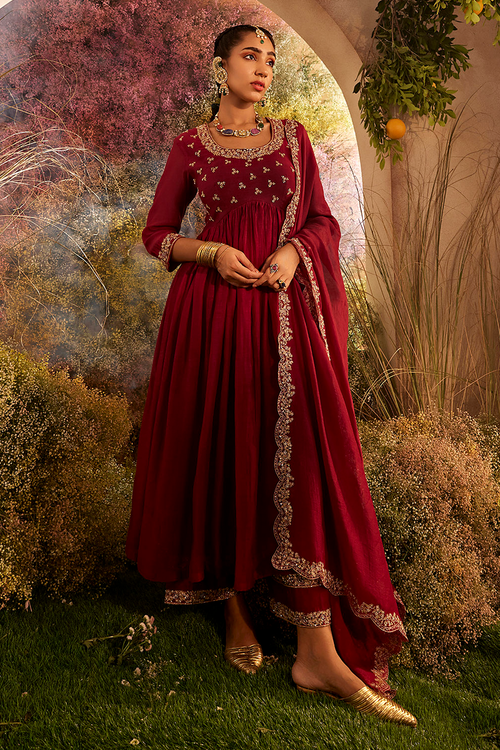 Soft Chanderi Maroon Kurta Set