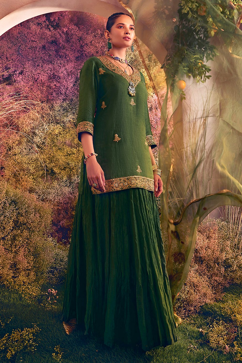 Green Short Kurti and Skirt with Dupatta