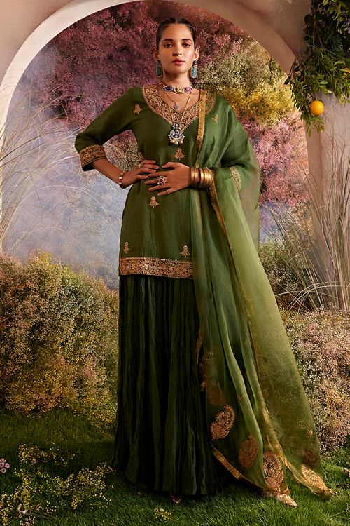 Green Short Kurti and Skirt with Dupatta