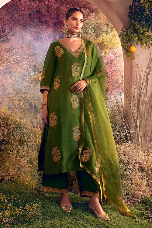 Embellished Green Kurta Set with Dupatta