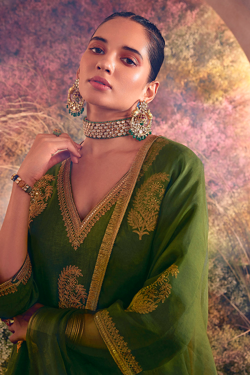 Embellished Green Kurta Set with Dupatta