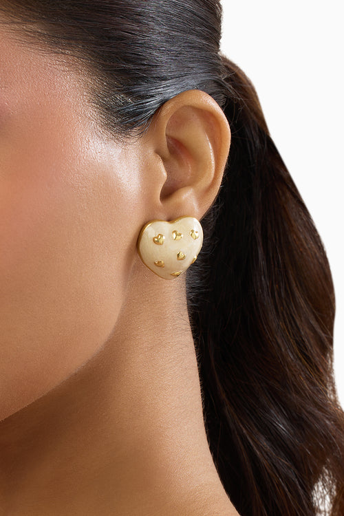 Amour Enamel White Heart Studs