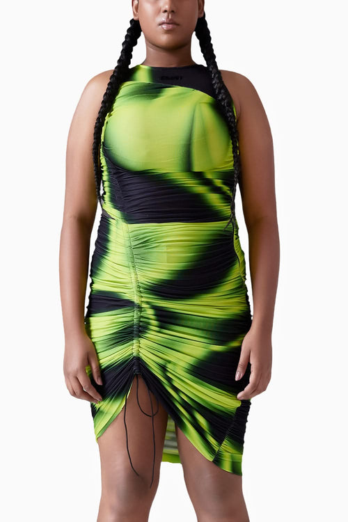 Asymmetric Ruched Mini Dress Acid Green