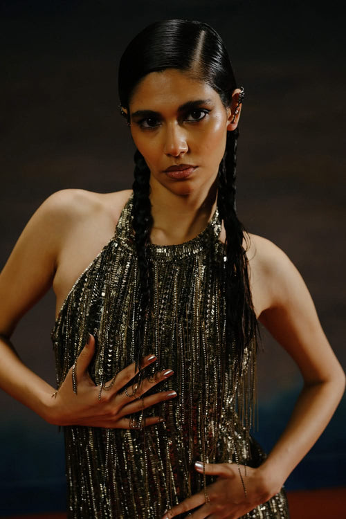 Gold Silk Georgette Embellished Dress